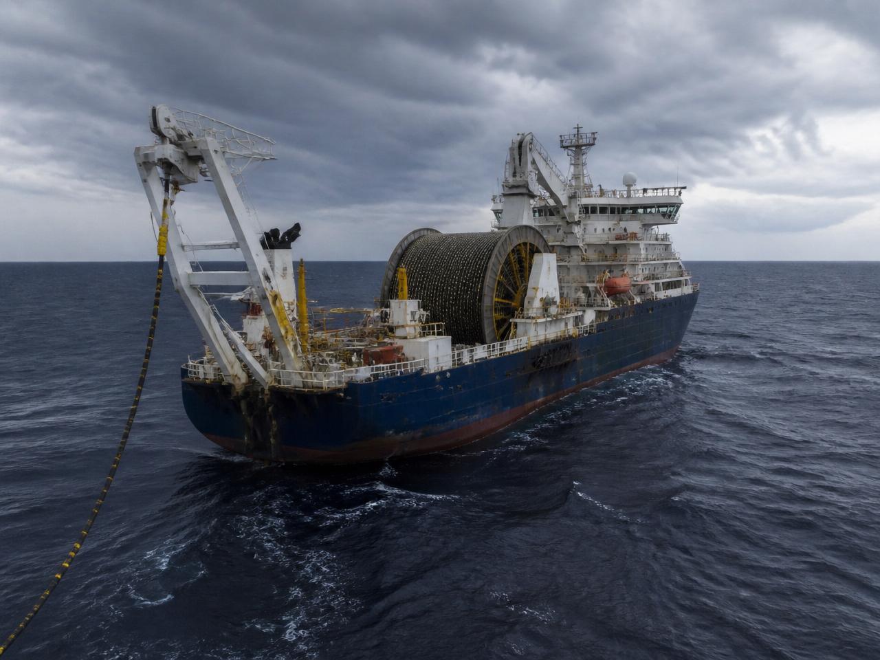 Offshore cable-laying vessel with a large cable spool on deck