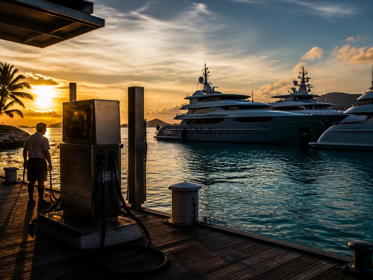 Yacht club marina depot at dusk with moored superyachts