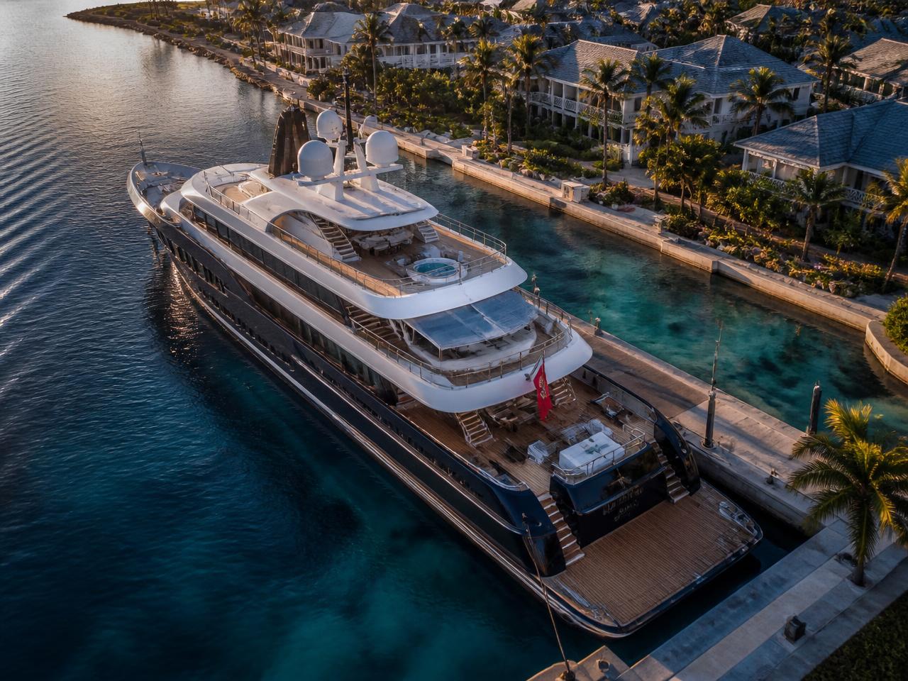 Superyacht berthed at a tropical marina